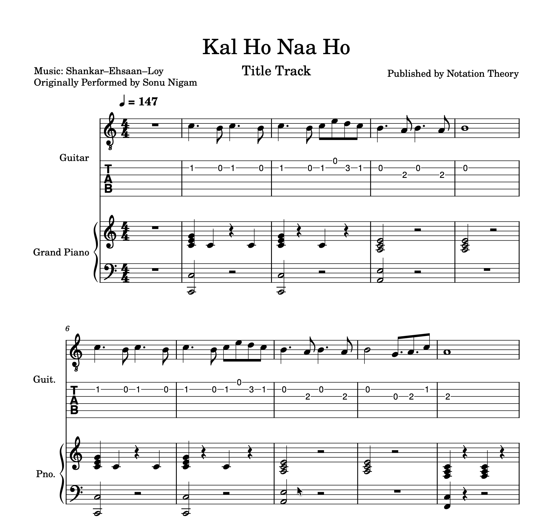 Kal Ho Naa Ho (Title Track) – Guitar TAB, Standard Notation & Piano Score (PDF + Tabs + MuseScore Access)
