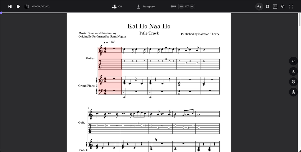 Kal Ho Naa Ho (Title Track) – Guitar TAB, Standard Notation & Piano Score (PDF + Tabs + MuseScore Access)