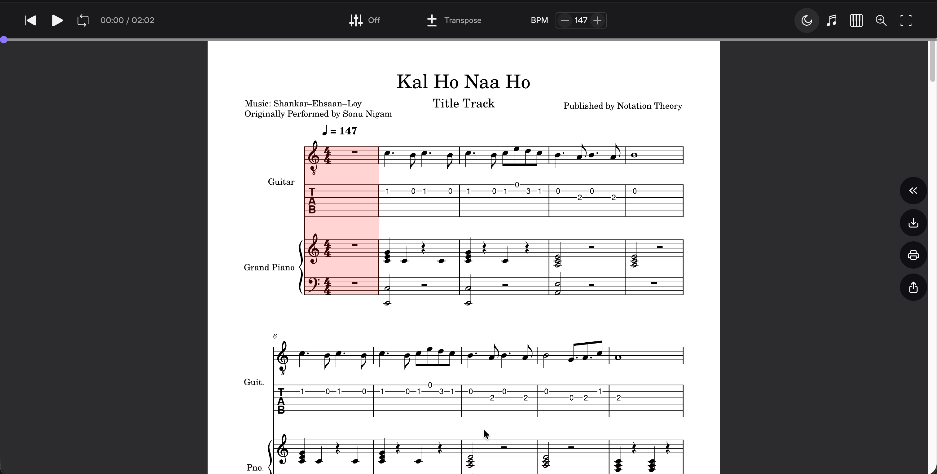 Kal Ho Naa Ho (Title Track) – Guitar TAB, Standard Notation & Piano Score (PDF + Tabs + MuseScore Access)