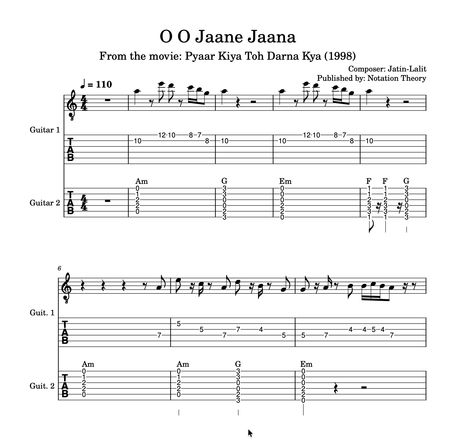 O O Jaane Jaana – Melody & Rhythm Guitar Score (PDF + Tabs + MuseScore Access)