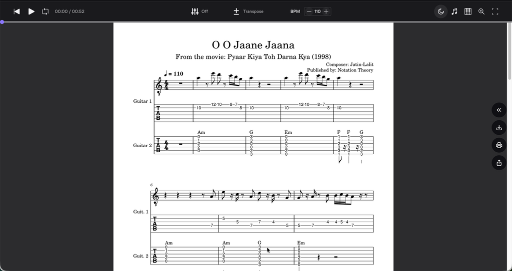 O O Jaane Jaana – Melody & Rhythm Guitar Score (PDF + Tabs + MuseScore Access)