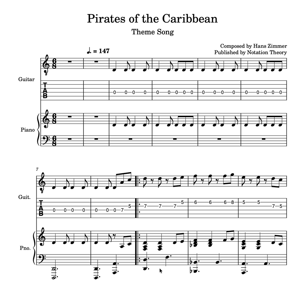 Pirates of the Caribbean Theme Song – Guitar TAB, Standard Notation & Piano Score (PDF + MuseScore Access)