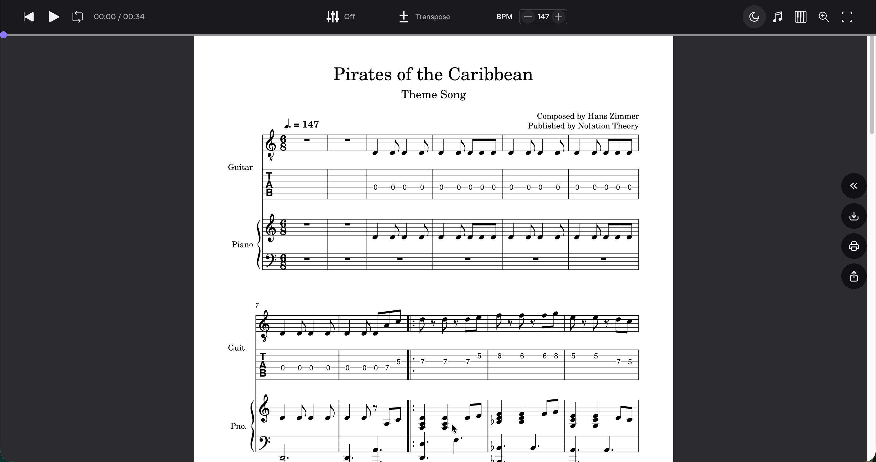 Pirates of the Caribbean Theme Song – Guitar TAB, Standard Notation & Piano Score (PDF + MuseScore Access)