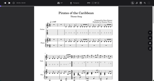 Pirates of the Caribbean Theme Song – Guitar TAB, Standard Notation & Piano Score (PDF + MuseScore Access)