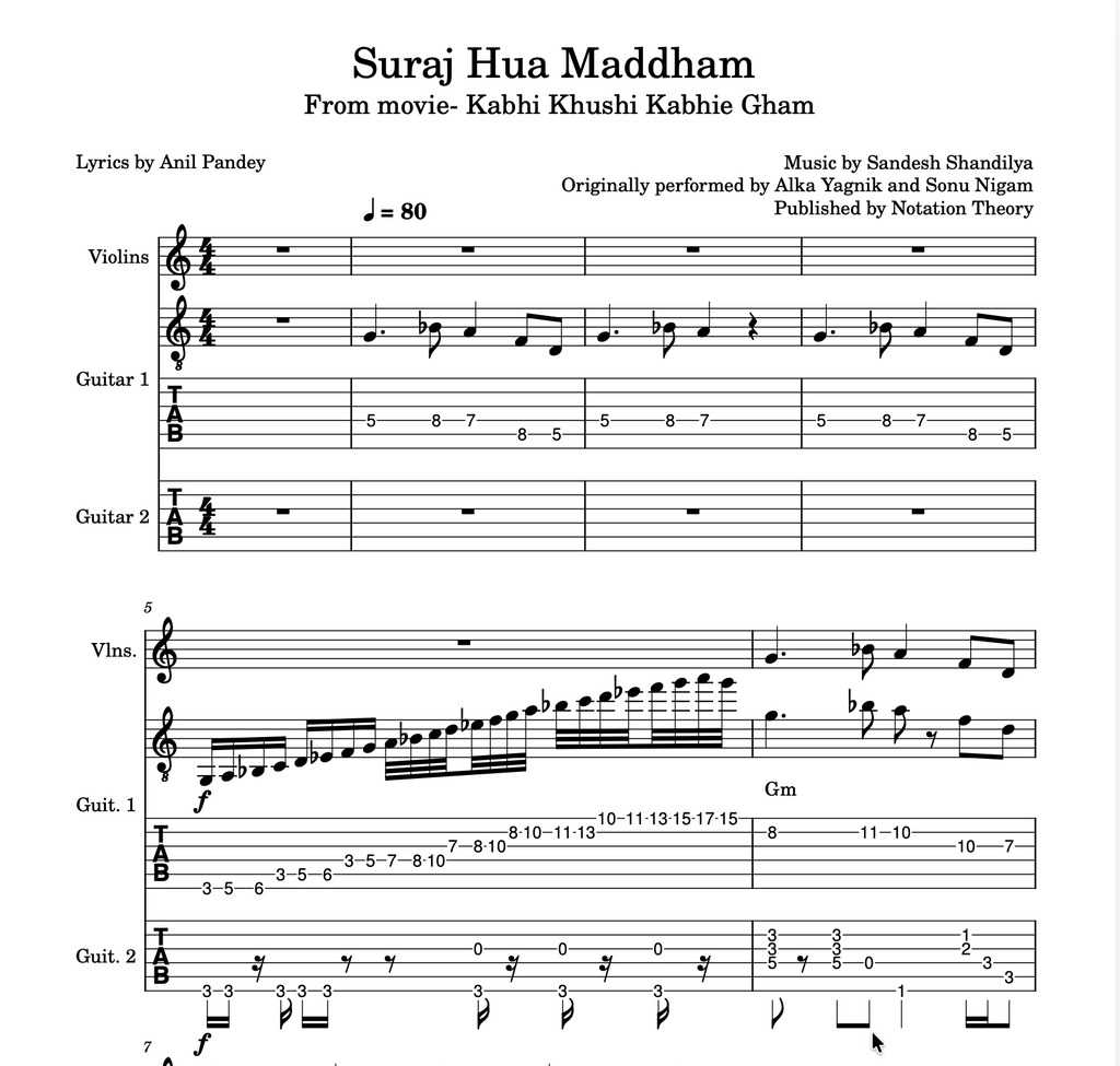 Suraj Hua Maddham – Guitar TAB, Standard Notation, Rhythm Guitar & Violin Accompaniment