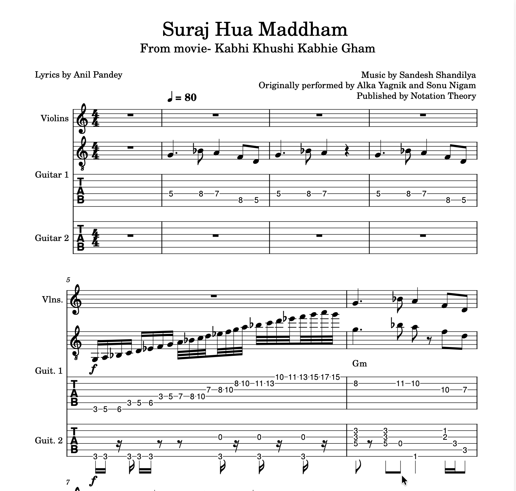 Suraj Hua Maddham – Guitar TAB, Standard Notation, Rhythm Guitar & Violin Accompaniment
