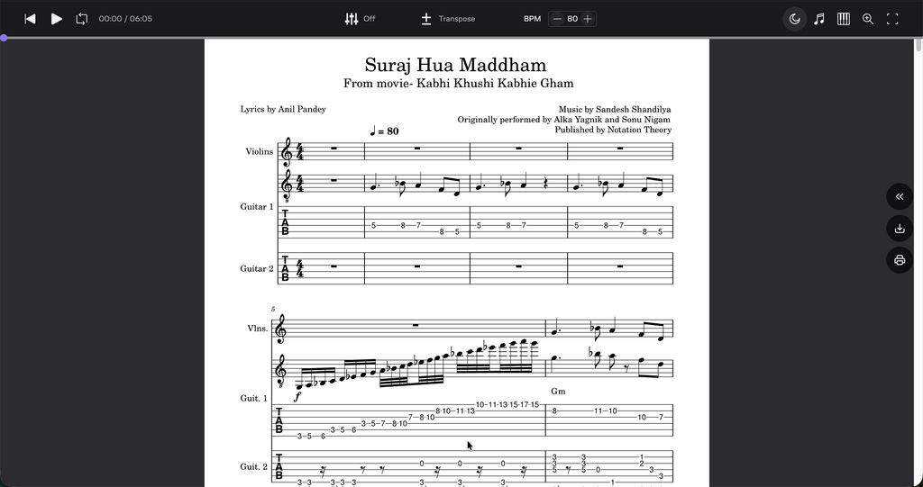 Suraj Hua Maddham – Guitar TAB, Standard Notation, Rhythm Guitar & Violin Accompaniment