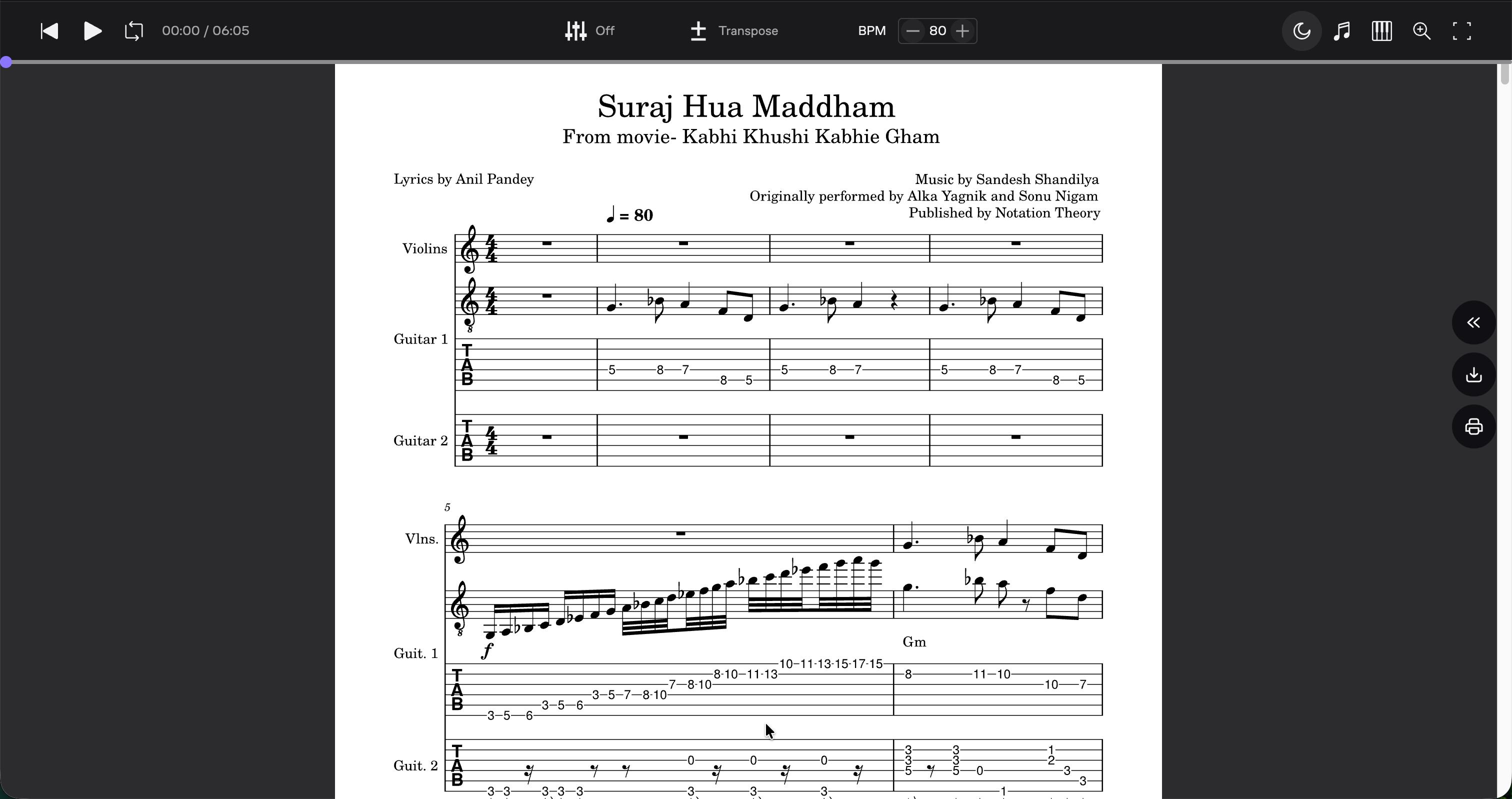 Suraj Hua Maddham – Guitar TAB, Standard Notation, Rhythm Guitar & Violin Accompaniment