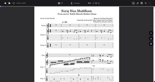 Suraj Hua Maddham – Guitar TAB, Standard Notation, Rhythm Guitar & Violin Accompaniment