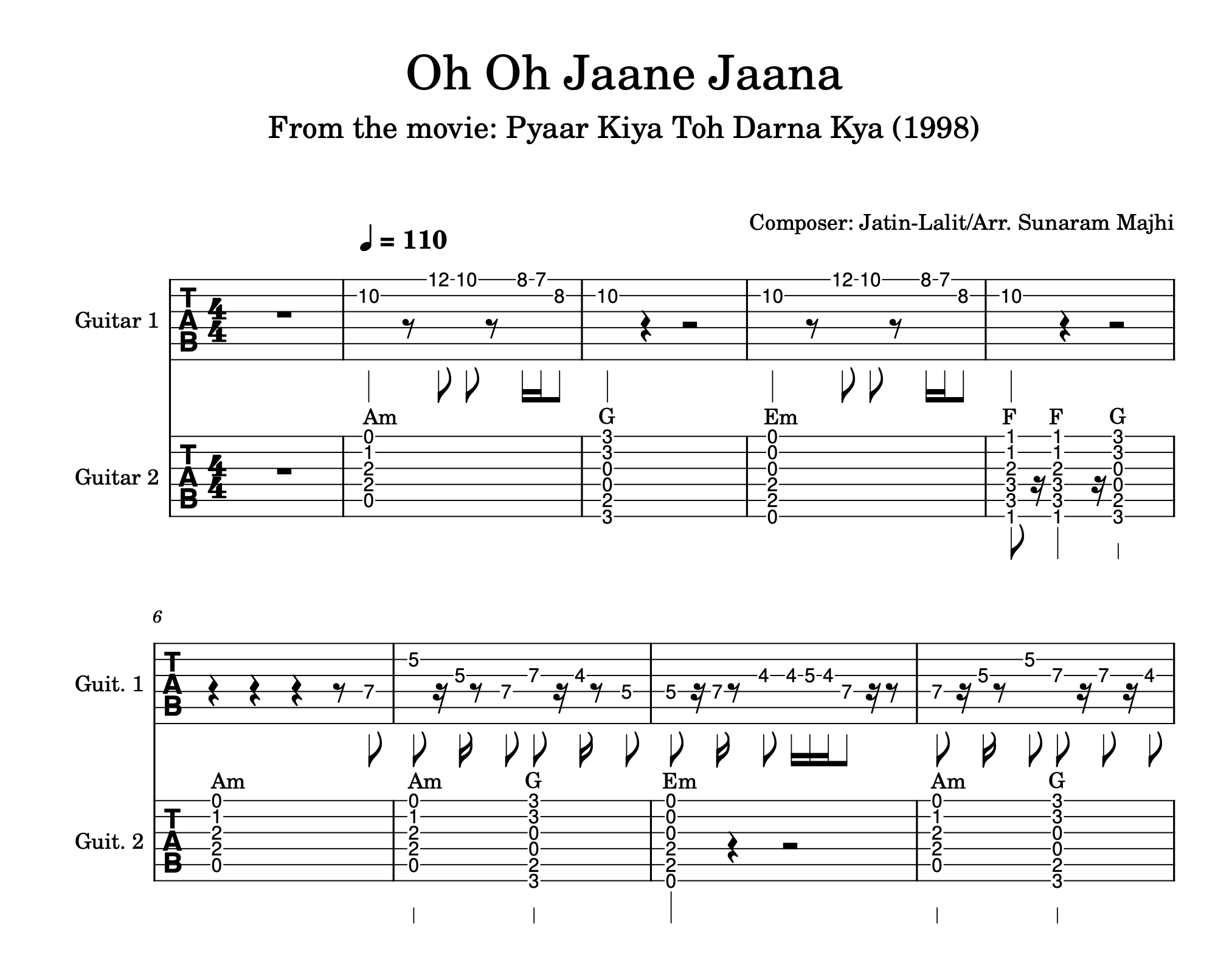 Oh Oh Jaane Jaana Guitar Score – Melody & Rhythm Arrangement