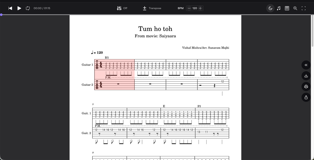 Tum Ho Toh (Saiyaara) Melody & Rhythm Guitar Score (PDF + Tabs + MuseScore Access)