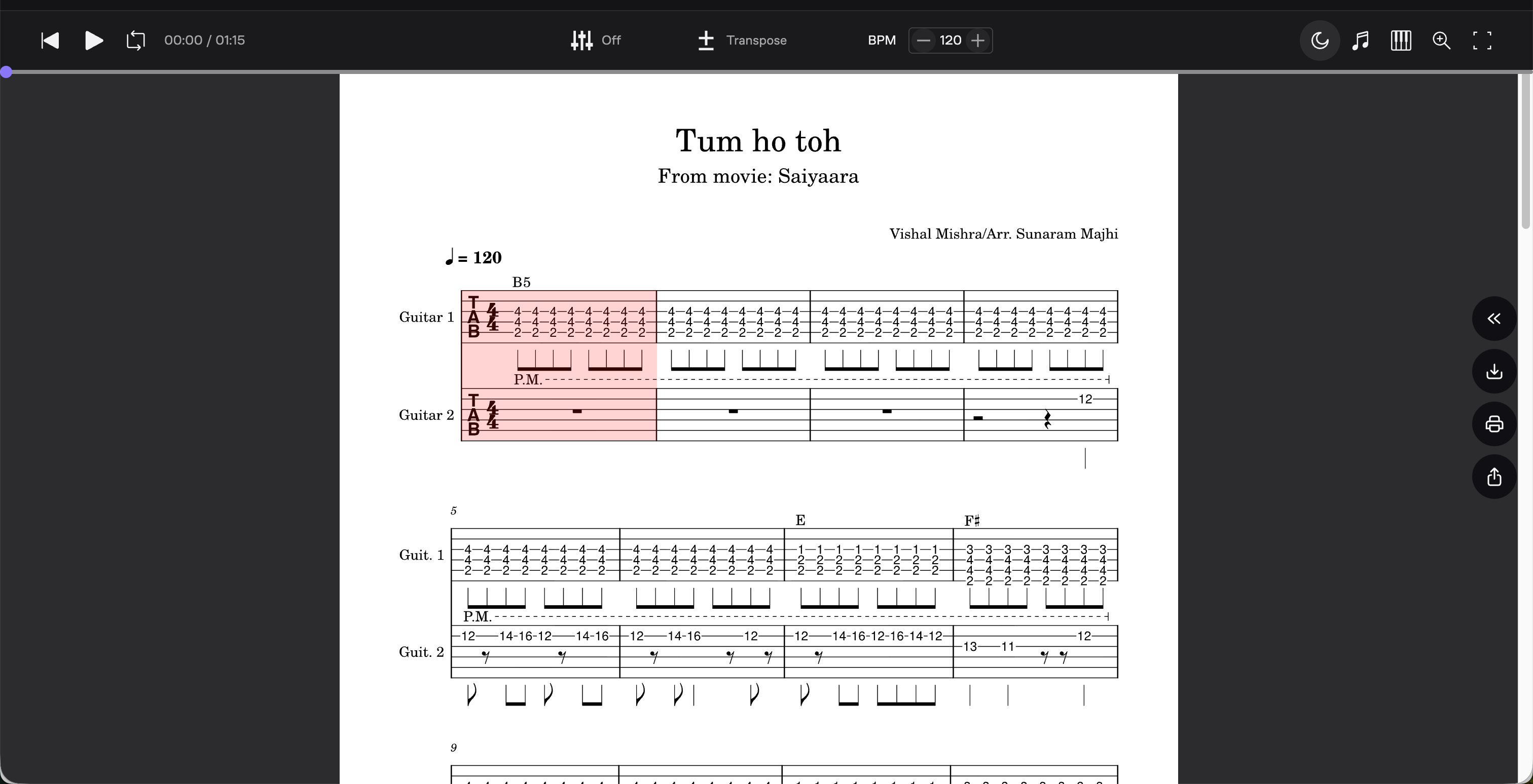 Tum Ho Toh (Saiyaara) Melody & Rhythm Guitar Score (PDF + Tabs + MuseScore Access)