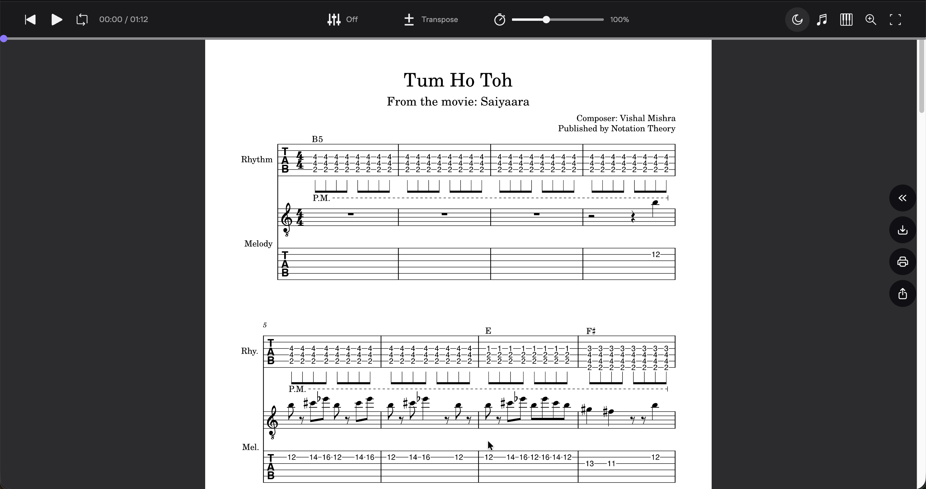 Tum Ho Toh (Saiyaara) Melody & Rhythm Guitar Score, Standard Notation (PDF + Tabs + MuseScore Access)