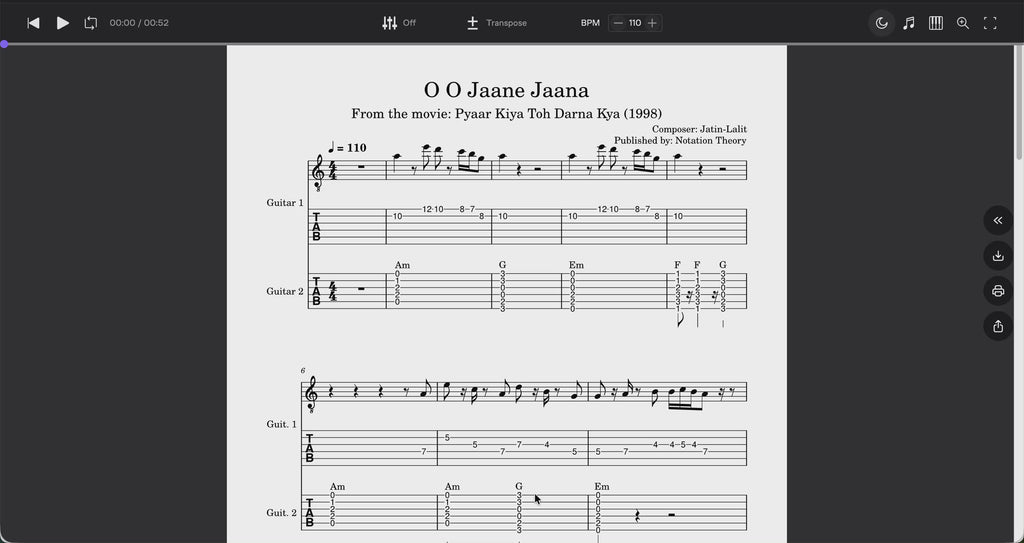 O O Jaane Jaana – Melody & Rhythm Guitar Score (PDF + Tabs + MuseScore Access)