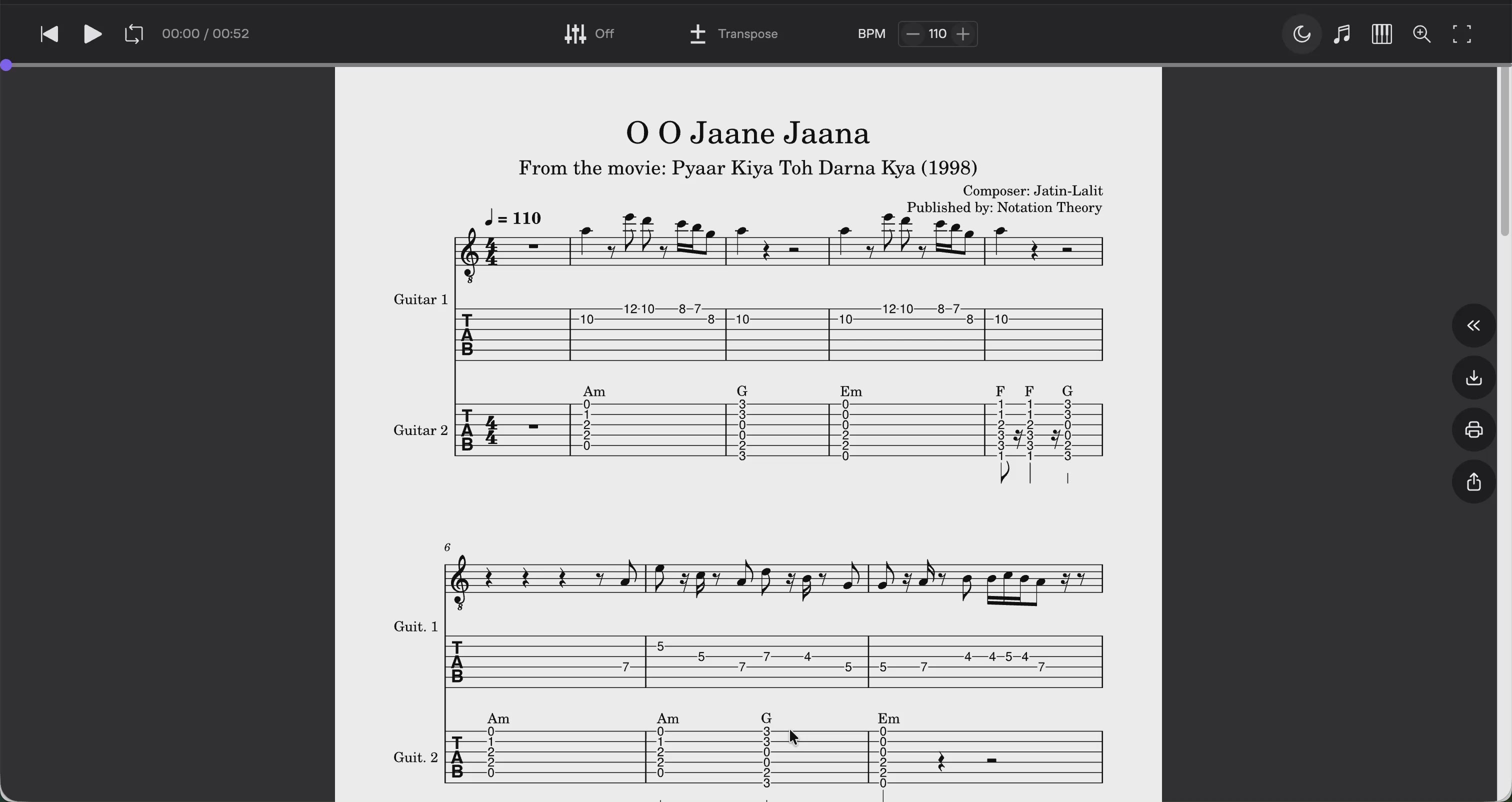 O O Jaane Jaana – Melody & Rhythm Guitar Score (PDF + Tabs + MuseScore Access)