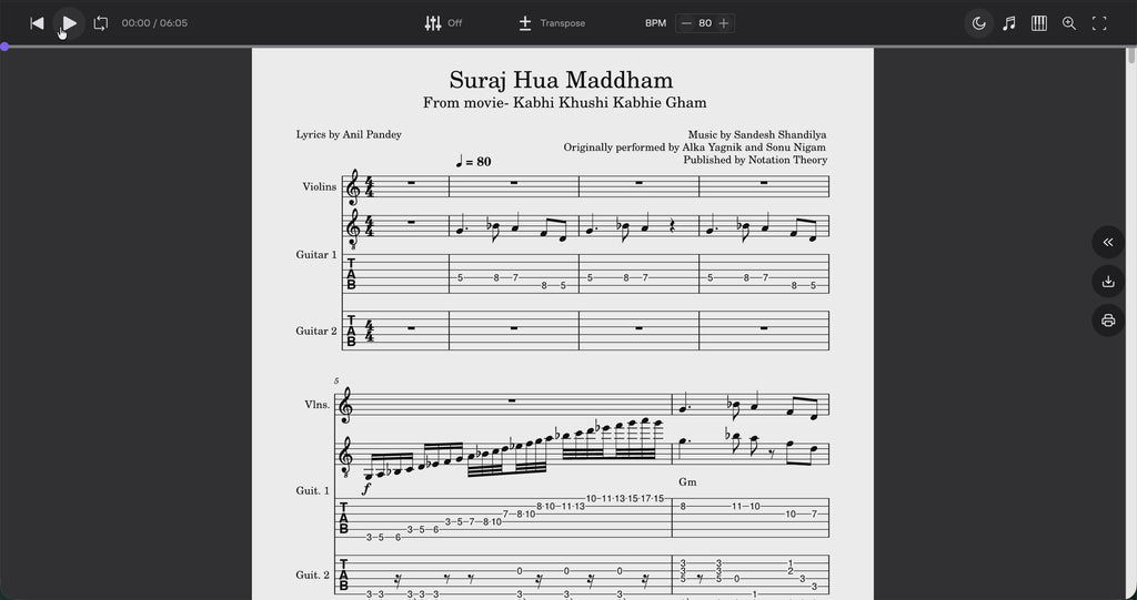 Suraj Hua Maddham – Guitar TAB, Standard Notation, Rhythm Guitar & Violin Accompaniment