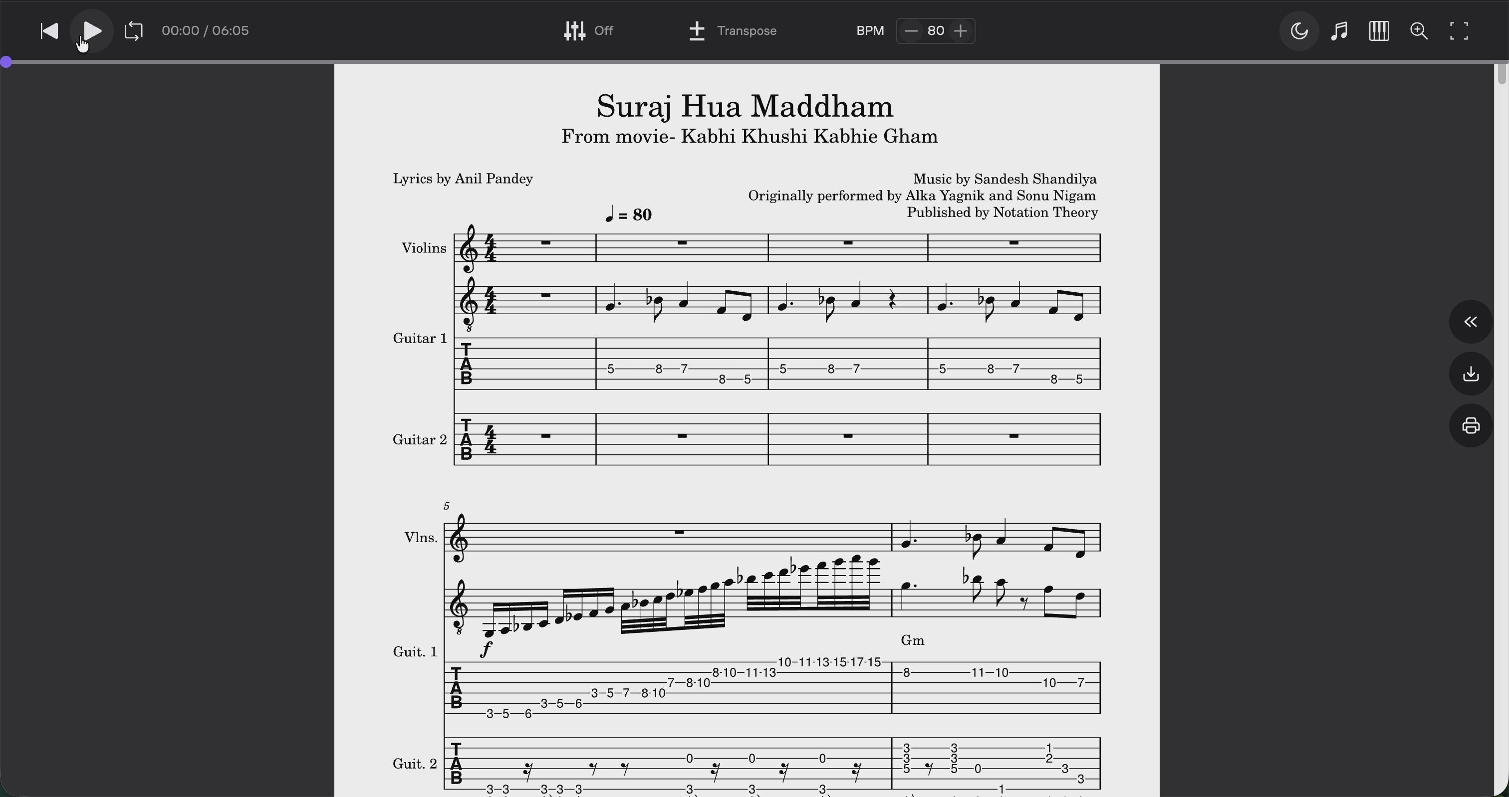 Suraj Hua Maddham – Guitar TAB, Standard Notation, Rhythm Guitar & Violin Accompaniment