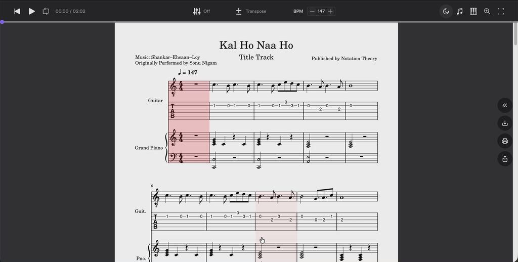 Kal Ho Naa Ho (Title Track) – Guitar TAB, Standard Notation & Piano Score (PDF + Tabs + MuseScore Access)