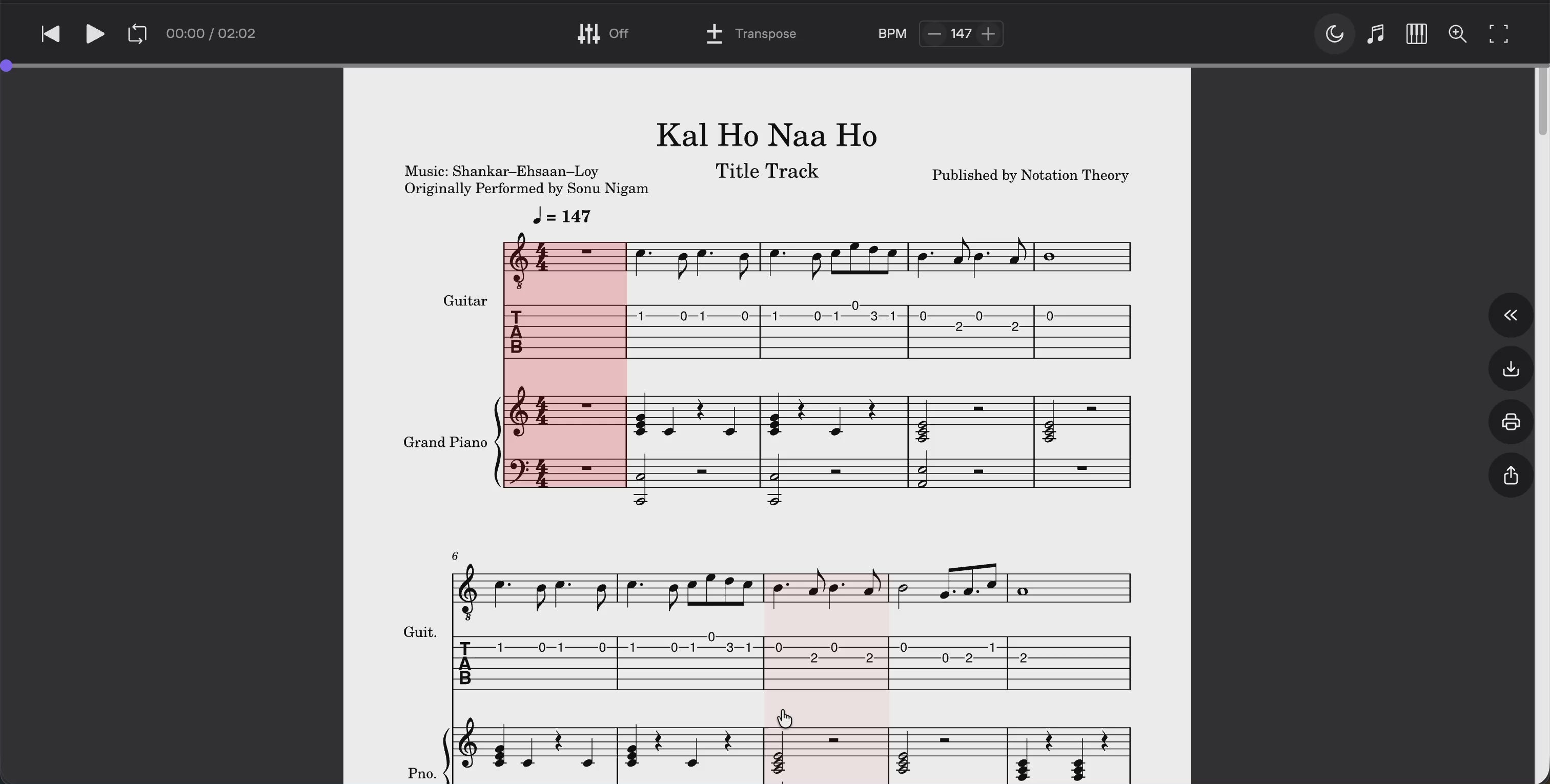 Kal Ho Naa Ho (Title Track) – Guitar TAB, Standard Notation & Piano Score (PDF + Tabs + MuseScore Access)