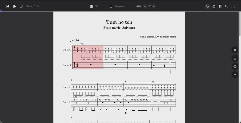 Tum Ho Toh (Saiyaara) Melody & Rhythm Guitar Score (PDF + Tabs + MuseScore Access)