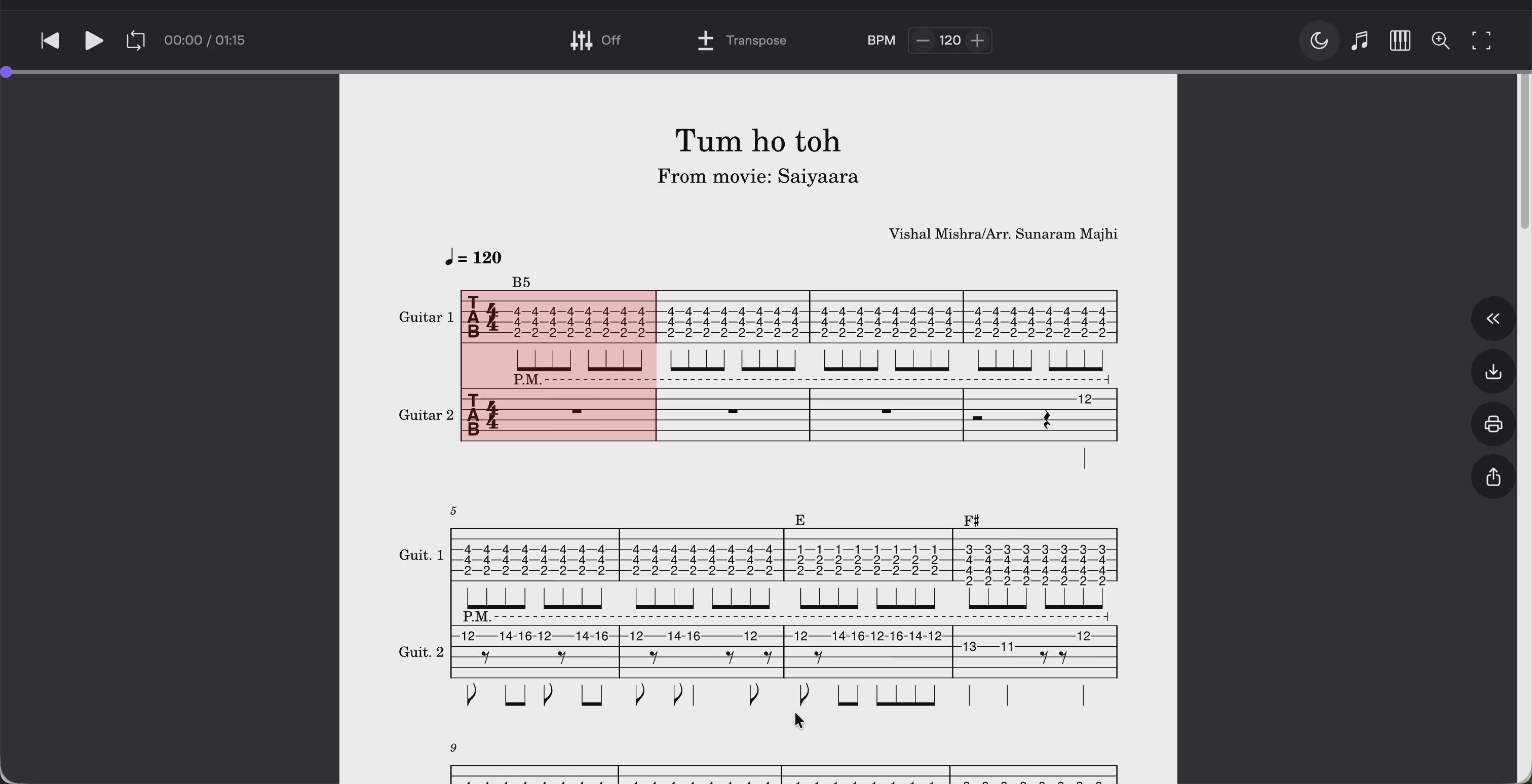 Tum Ho Toh (Saiyaara) Melody & Rhythm Guitar Score (PDF + Tabs + MuseScore Access)