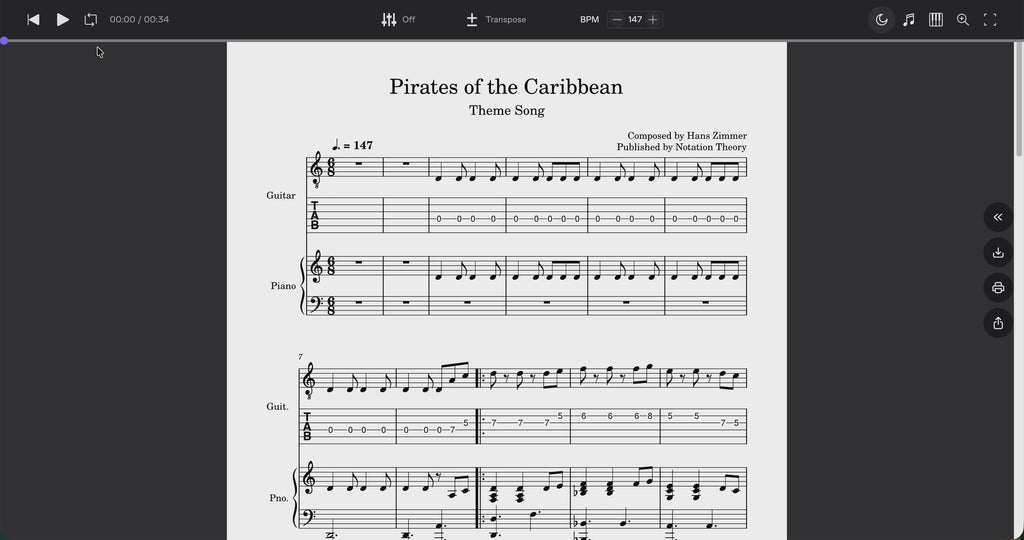 Pirates of the Caribbean Theme Song – Guitar TAB, Standard Notation & Piano Score (PDF + MuseScore Access)