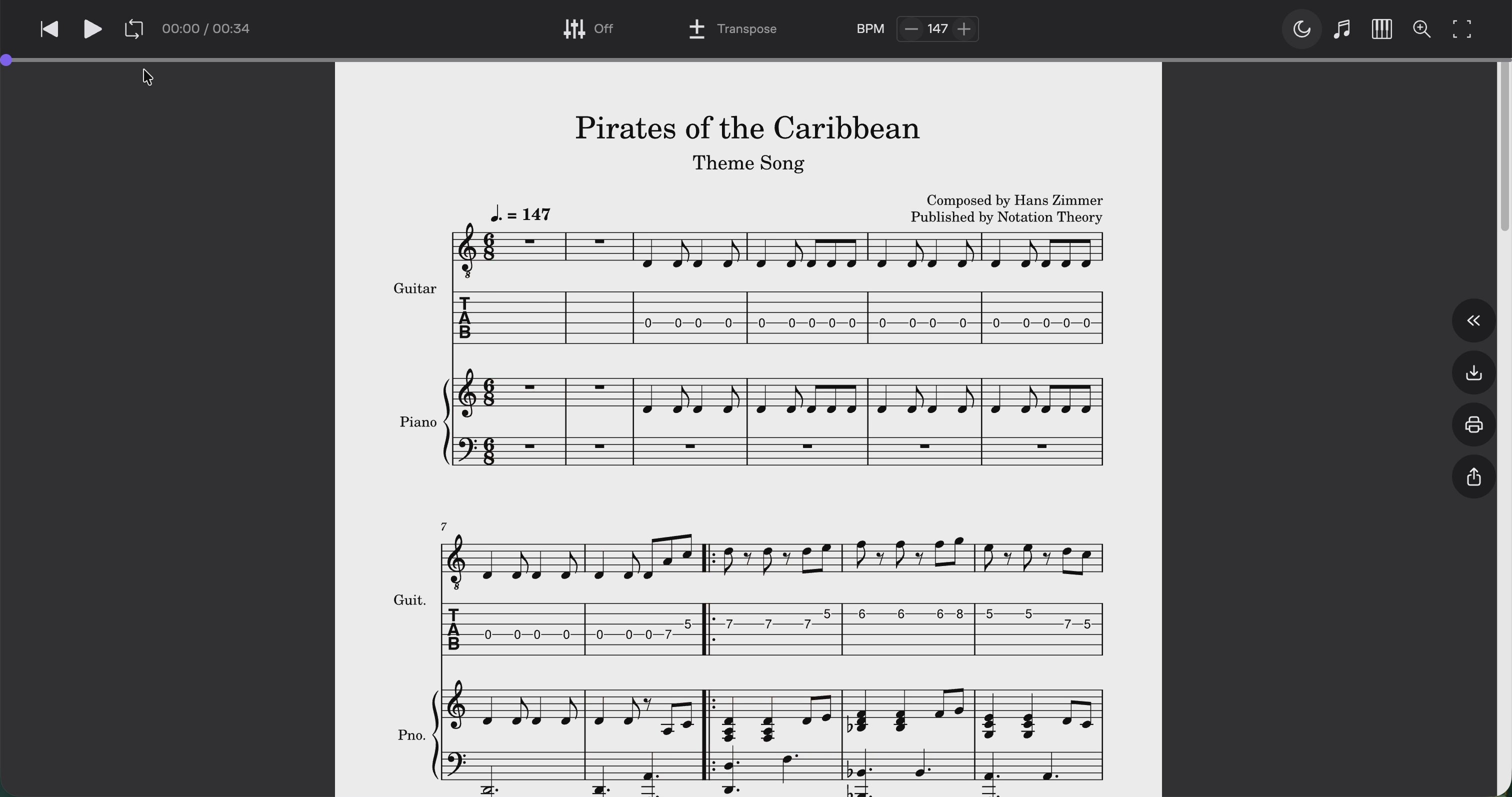 Pirates of the Caribbean Theme Song – Guitar TAB, Standard Notation & Piano Score (PDF + MuseScore Access)