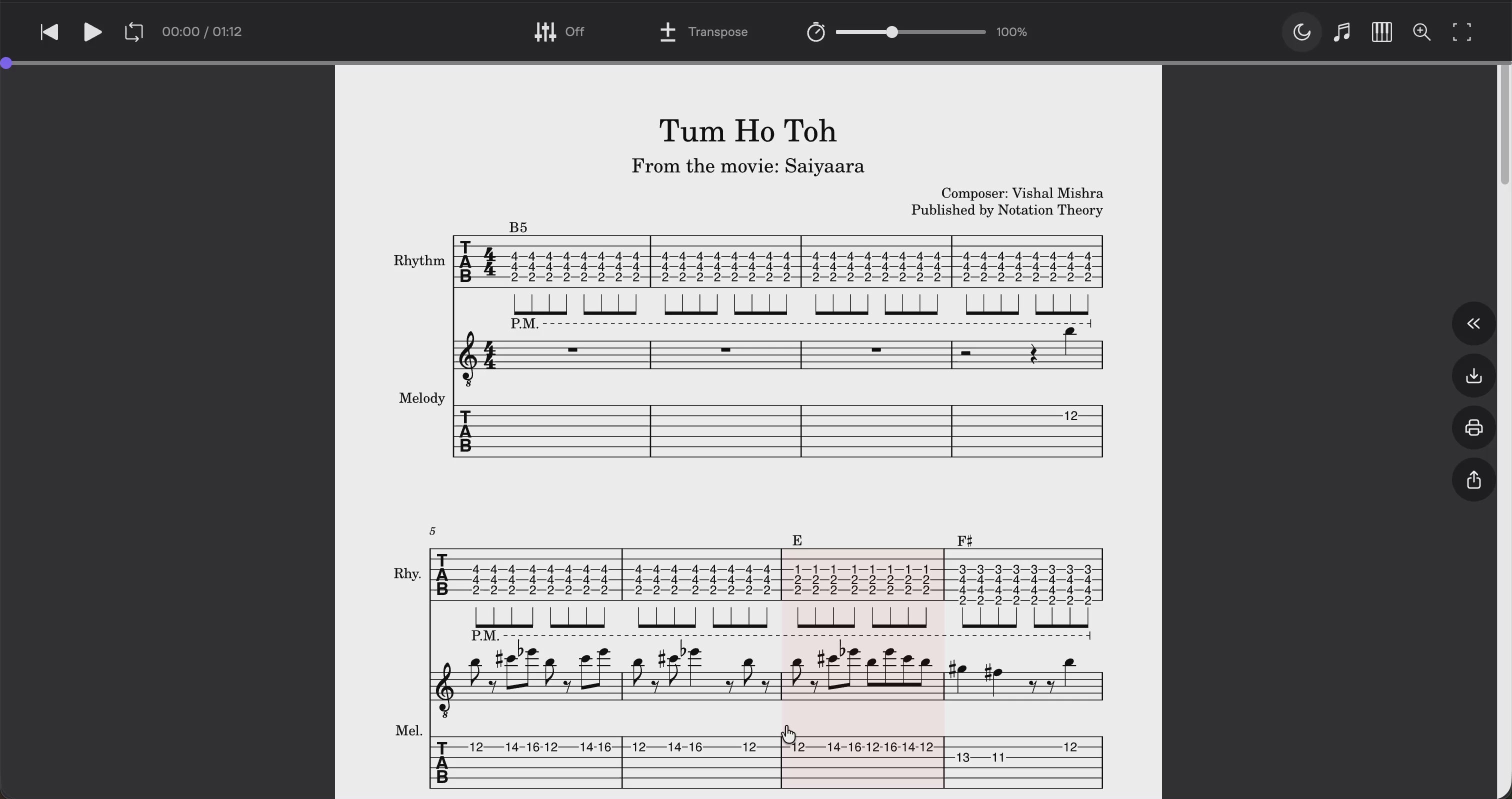 Tum Ho Toh (Saiyaara) Melody & Rhythm Guitar Score, Standard Notation (PDF + Tabs + MuseScore Access)
